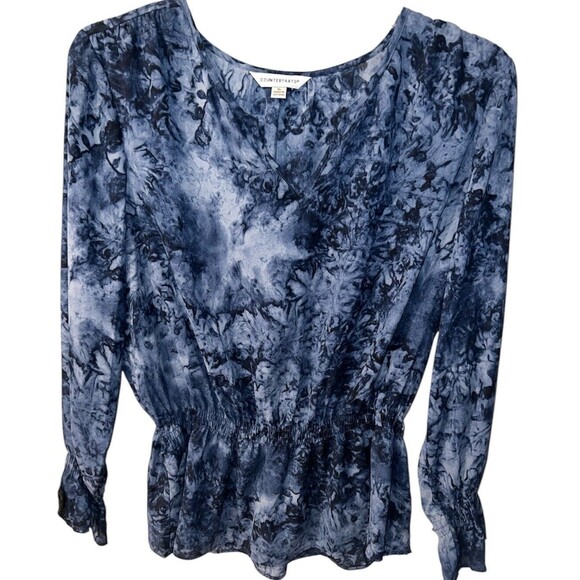 Counterparts Blouse Womens XL Blue Marbled Elastic Waist Top Split Neck Fairy - Picture 1 of 7